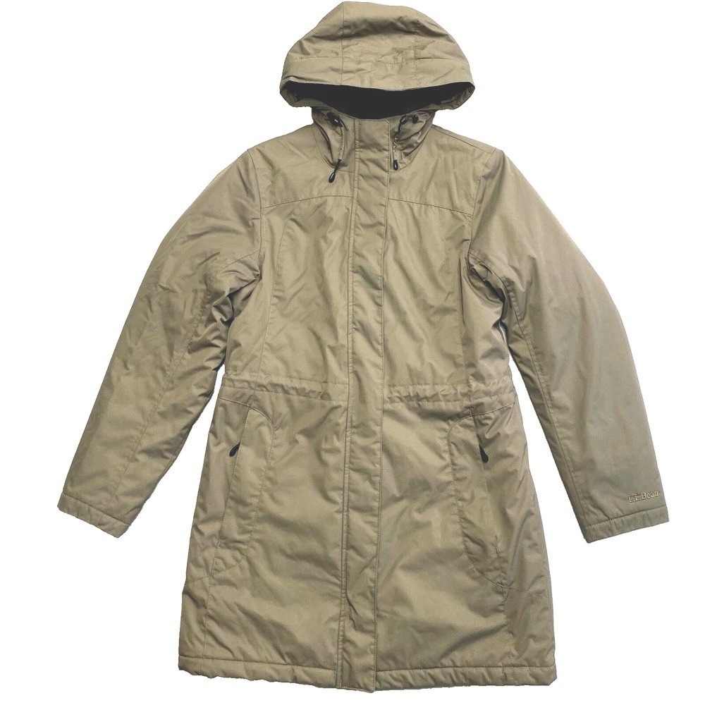 LL Bean Jacket Coat XS Tan Hooded Sherpa Lined Long Full Zip Puffer